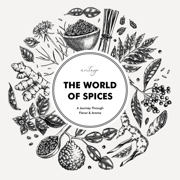 Vintage spice label design. Hand-drawn herbs vector illustration. Basil, galangal, cumin, cilantro, turmeric, lemongrass, lime sketches. NOT AI generated